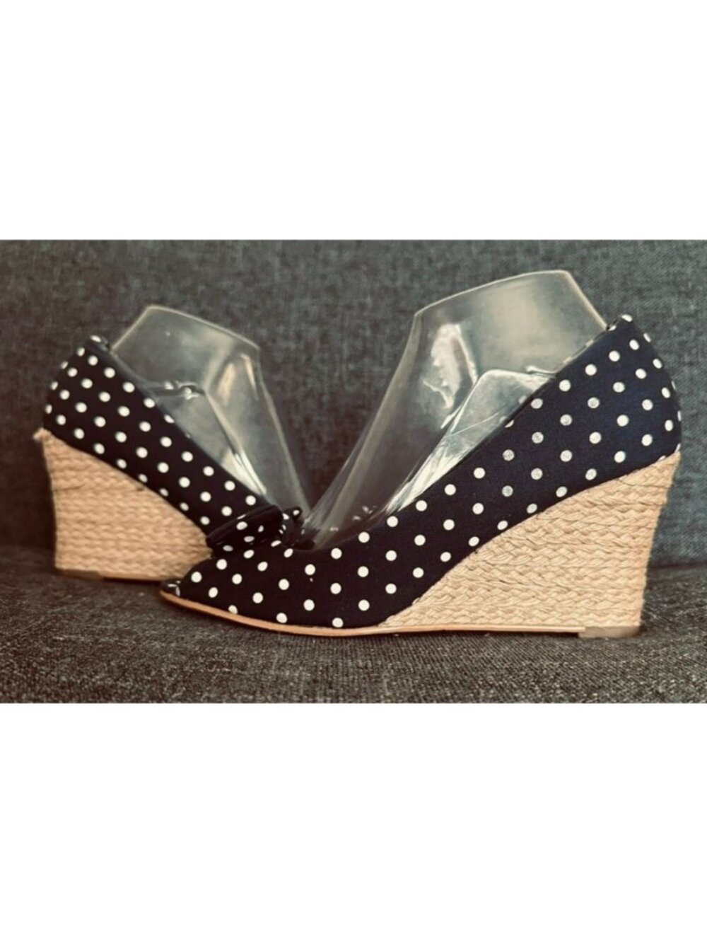 Navy Polka Dot Wedge Heels Womens 8 Espadrille Bow Peep Toe Retro Chic Coastal